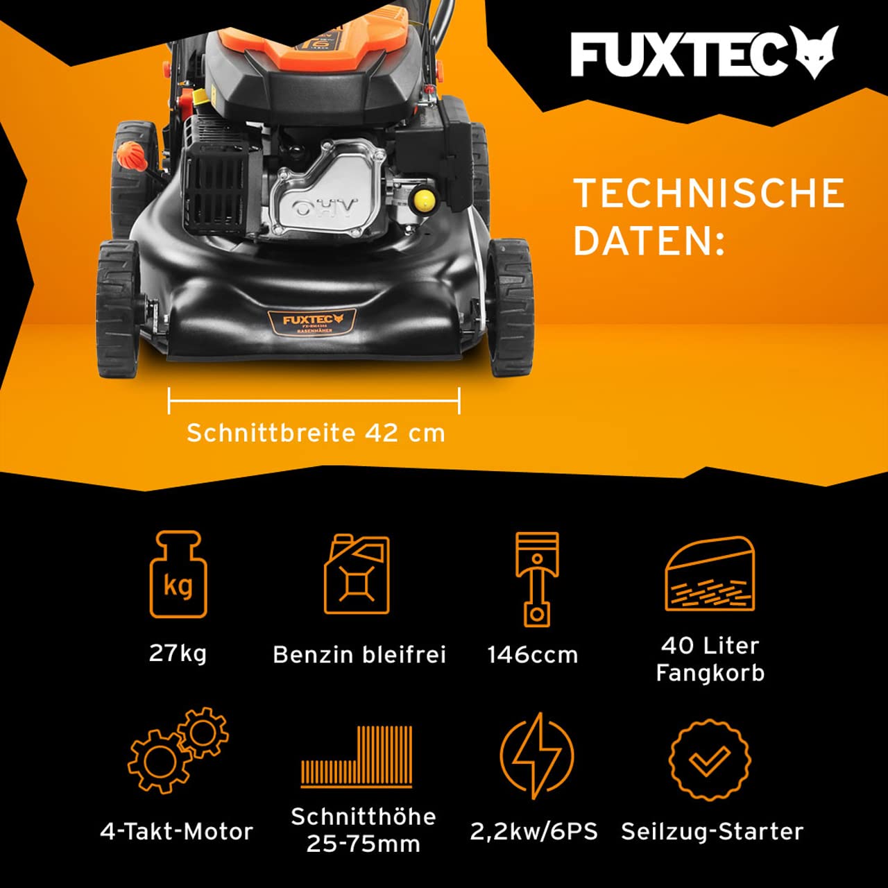 FUXTEC FX-RM4346 Benzin-Rasenmäher – 3in1, 42 cm Schnittbreite, 4-Takt, Hinterradantrieb, Big Wheel, Heckauswurf, 40 L Fangkorb