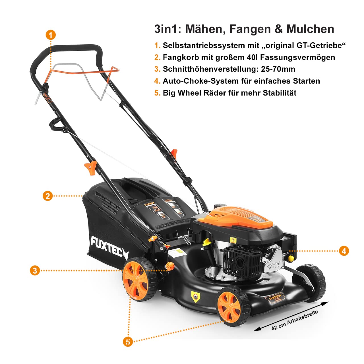 FUXTEC FX-RM4346 Benzin-Rasenmäher – 3in1, 42 cm Schnittbreite, 4-Takt, Hinterradantrieb, Big Wheel, Heckauswurf, 40 L Fangkorb