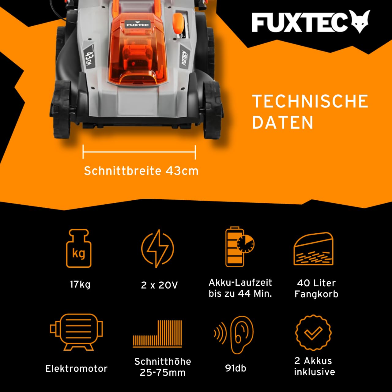 Fuxtec Akku Rasenmäher 40V (2x20V) E2RM43- Schnittbreite 43cm, Variable Schnitthöhe, Elektrorasenmäher, Kabellos (Li-Ion Akku & Ladegerät inklusive)