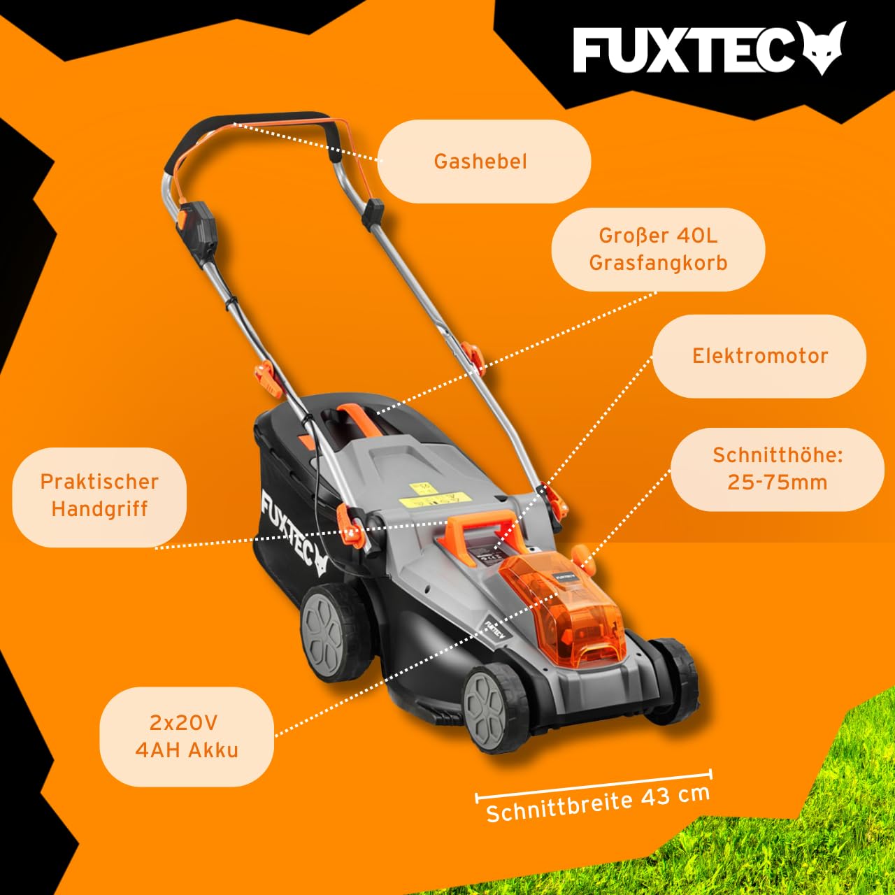 Fuxtec Akku Rasenmäher 40V (2x20V) E2RM43- Schnittbreite 43cm, Variable Schnitthöhe, Elektrorasenmäher, Kabellos (Li-Ion Akku & Ladegerät inklusive)