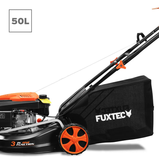 FUXTEC FX-RM4646ECO Benzin-Rasenmäher – 3in1, 46 cm Schnittbreite, 3,5 PS, 4-Takt, 7-fach Höhenverstellung, 50 L Fangkorb, Mulch & Reinigungsanschluss