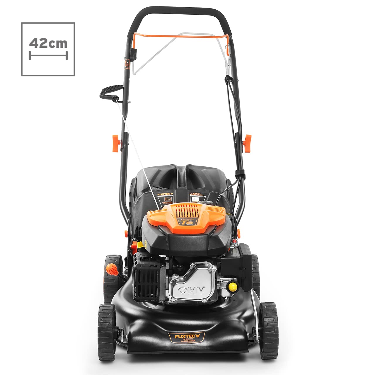 FUXTEC FX-RM4346 Benzin-Rasenmäher – 3in1, 42 cm Schnittbreite, 4-Takt, Hinterradantrieb, Big Wheel, Heckauswurf, 40 L Fangkorb