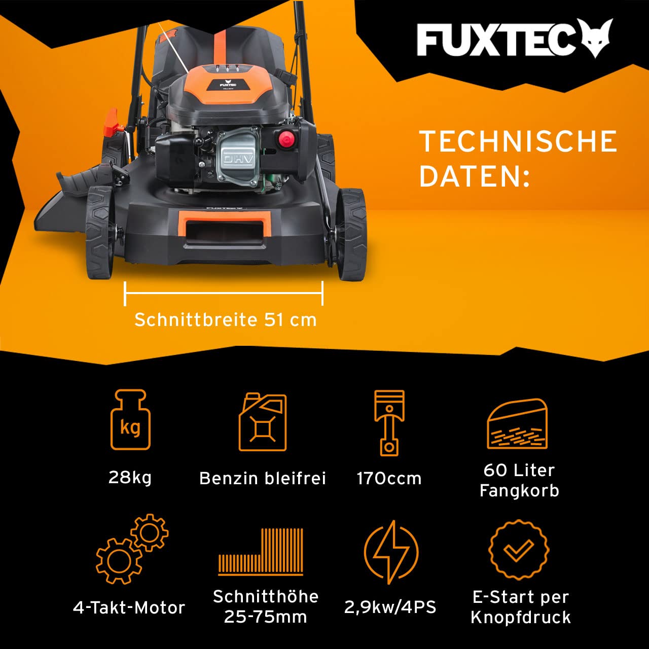 FUXTEC FX-RM5170eS Benzin-Rasenmäher – 4in1, E-Start, 51 cm Schnittbreite, 4-Takt, Hinterradantrieb, Seitenauswurf, Big Wheel, 60 L Fangkorb