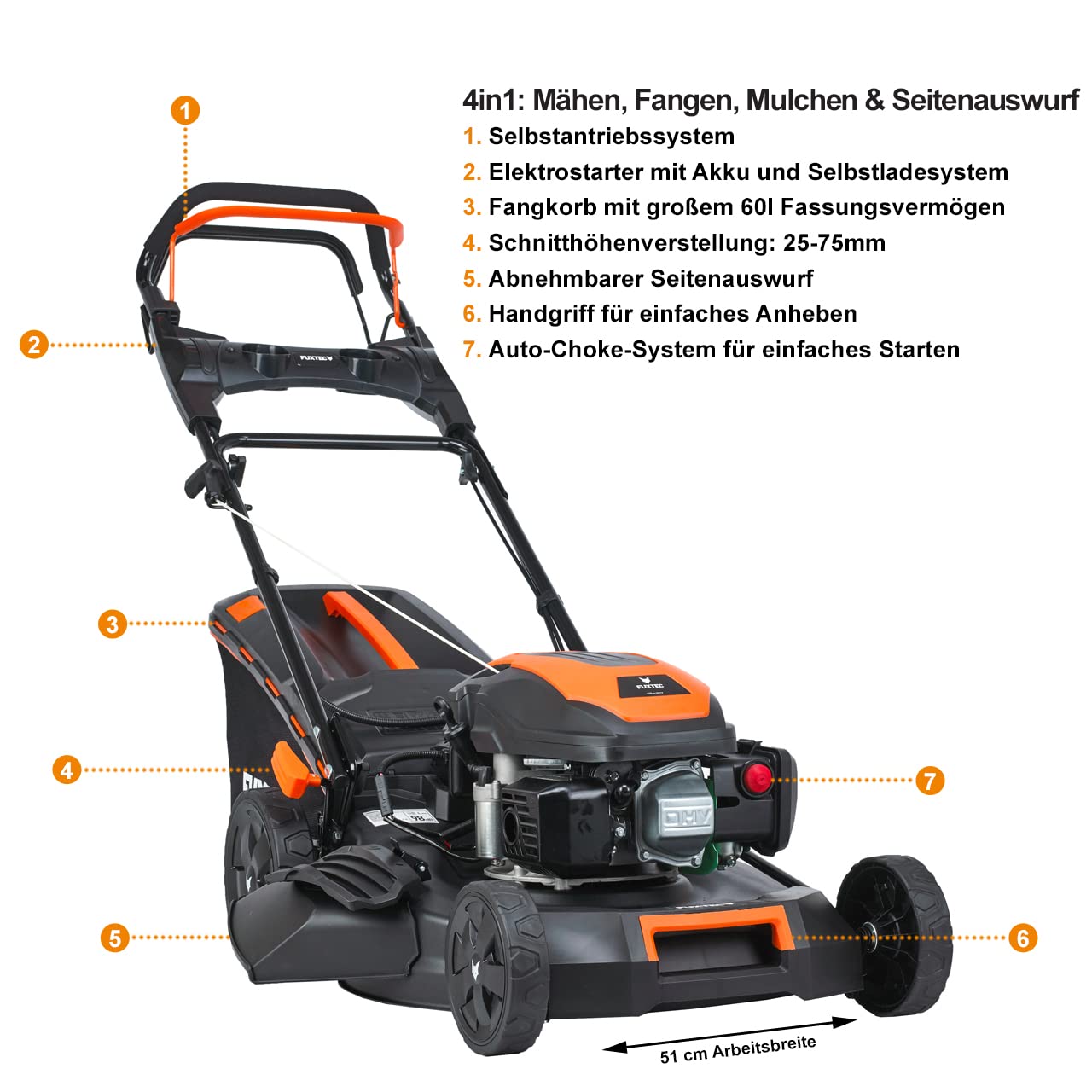 FUXTEC FX-RM5170eS Benzin-Rasenmäher – 4in1, E-Start, 51 cm Schnittbreite, 4-Takt, Hinterradantrieb, Seitenauswurf, Big Wheel, 60 L Fangkorb