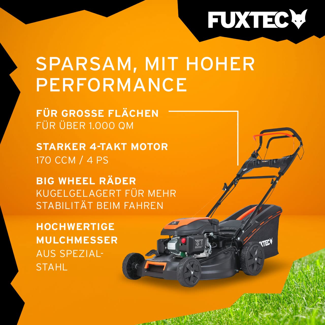 FUXTEC FX-RM5170eS Benzin-Rasenmäher – 4in1, E-Start, 51 cm Schnittbreite, 4-Takt, Hinterradantrieb, Seitenauswurf, Big Wheel, 60 L Fangkorb