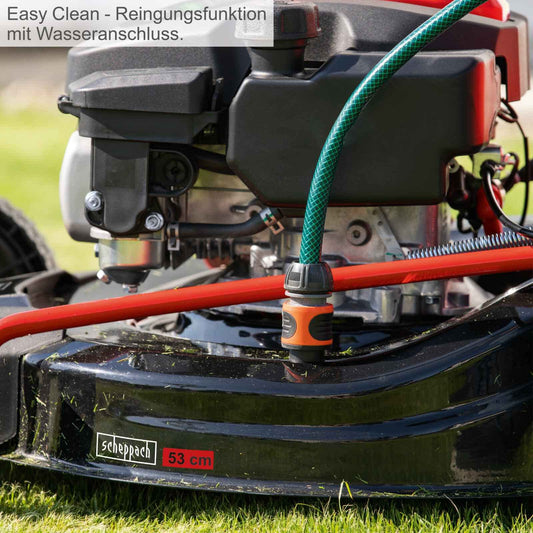 Scheppach MS225-53E Benzin-Rasenmäher – 6 PS, E-Start, 53 cm Schnittbreite, Radantrieb, 65 L Korb, Mulchfunktion, Seitenauswurf, Höhenverstellung
