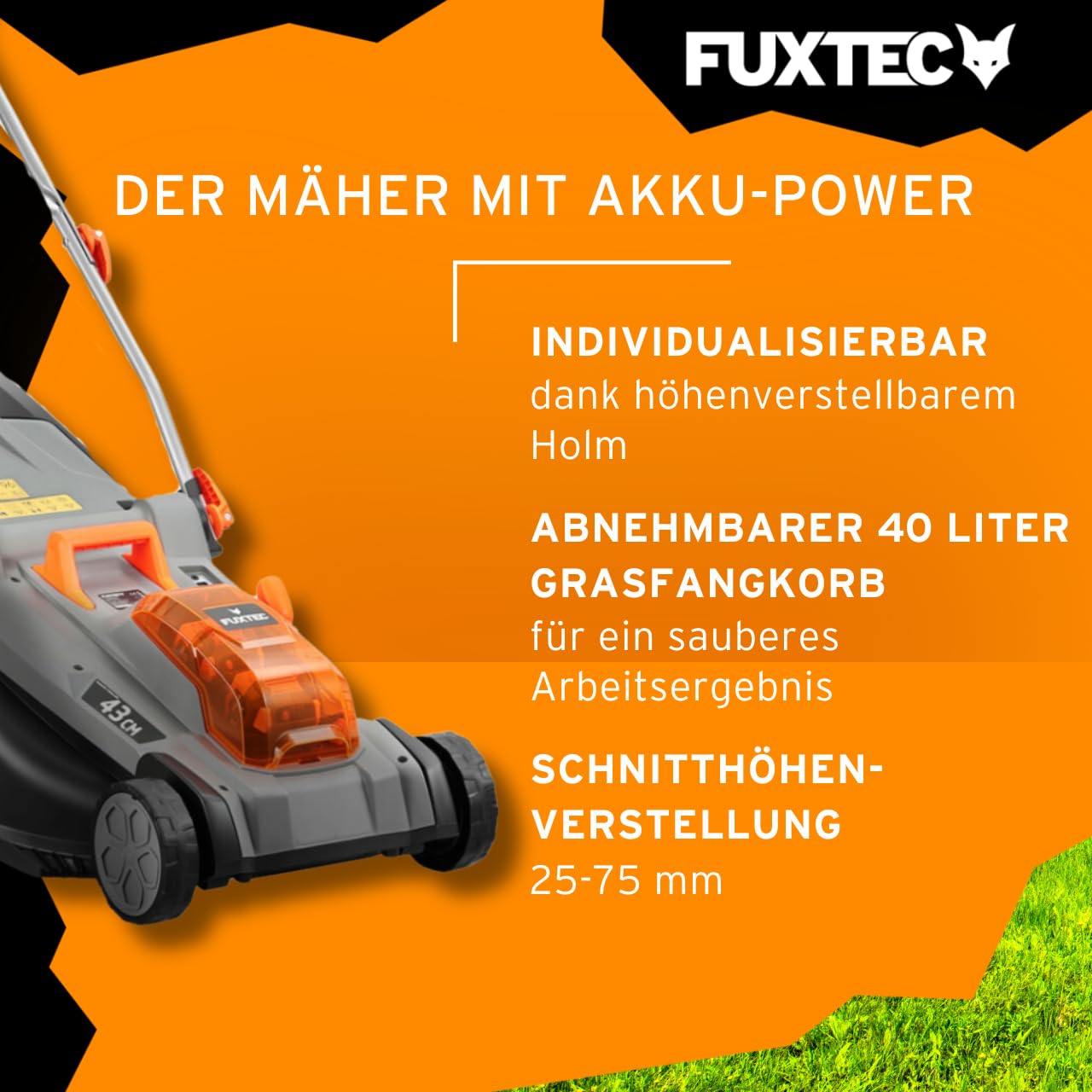Fuxtec Akku Rasenmäher 40V (2x20V) E2RM43- Schnittbreite 43cm, Variable Schnitthöhe, Elektrorasenmäher, Kabellos (Li-Ion Akku & Ladegerät inklusive)