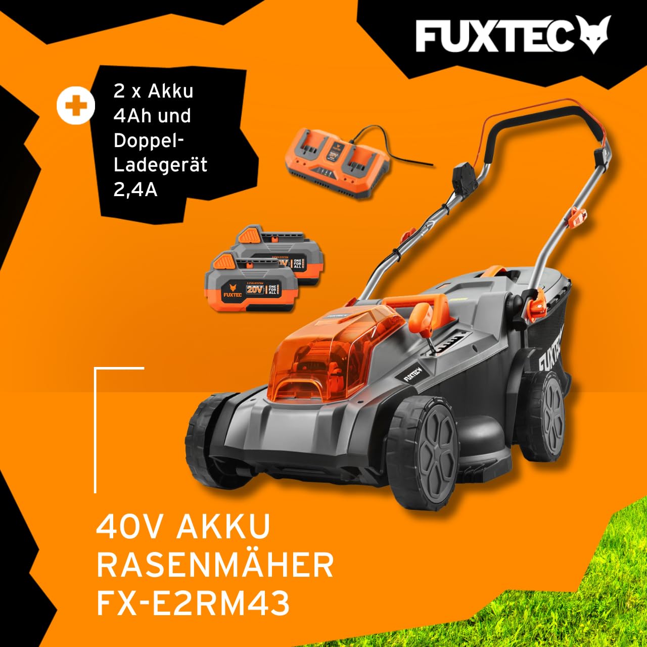 Fuxtec Akku Rasenmäher 40V (2x20V) E2RM43- Schnittbreite 43cm, Variable Schnitthöhe, Elektrorasenmäher, Kabellos (Li-Ion Akku & Ladegerät inklusive)