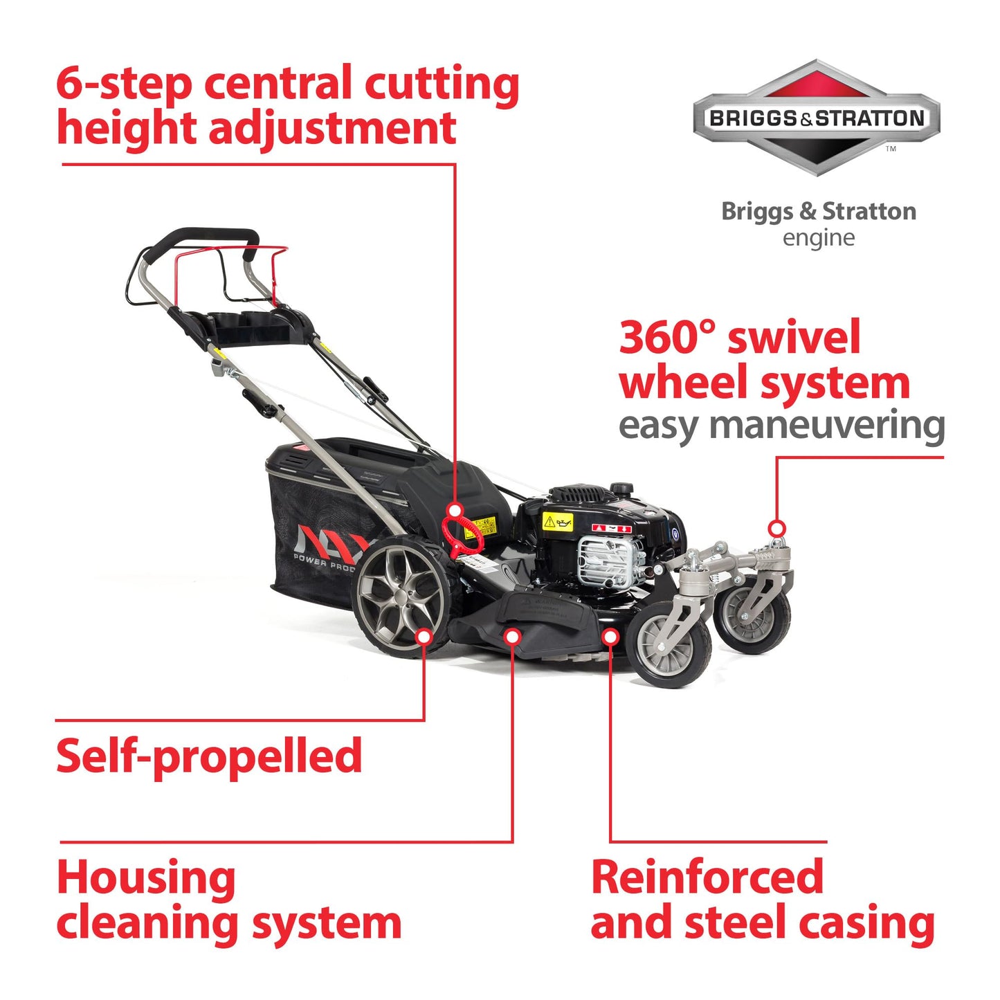 NAX 2000S Benzin-Rasenmäher – 46 cm Schnittbreite, mit Antrieb, B&S 625EXi Motor 150 cm³, ReadyStart, 60 L Fangkorb, Gehäusereinigungssystem