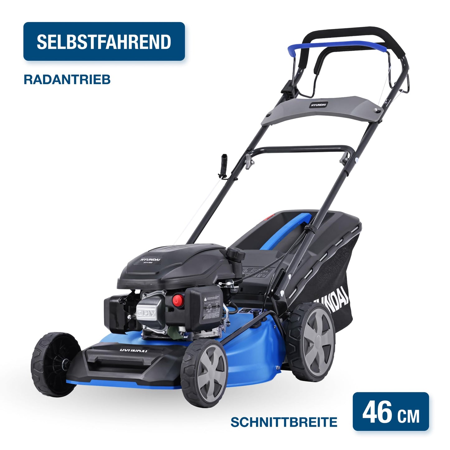 HYUNDAI Benzin Rasenmäher LM4622G, Radantrieb, Mulchfunktion, starker 3.9PS Motor mit 170cc, 46 cm Schnittbreite, 65L Korb, Benzinmäher, Mulcher