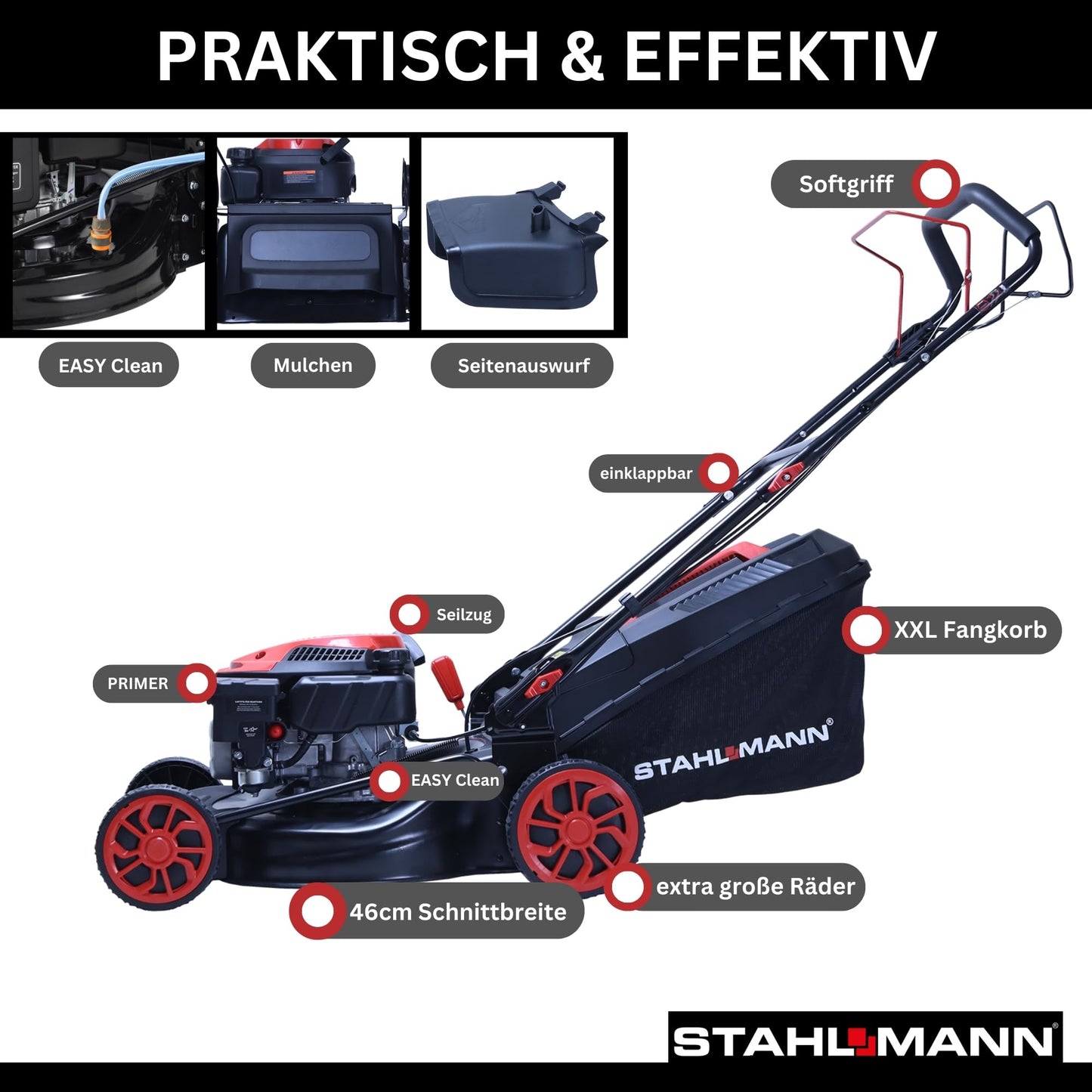 STAHLMANN BR460 Benzin-Rasenmäher – 5,4 PS, 170 ccm, 46 cm Schnittbreite, Antrieb, Mulchfunktion, 60 L Fangkorb, Höhenverstellung, Easy Clean