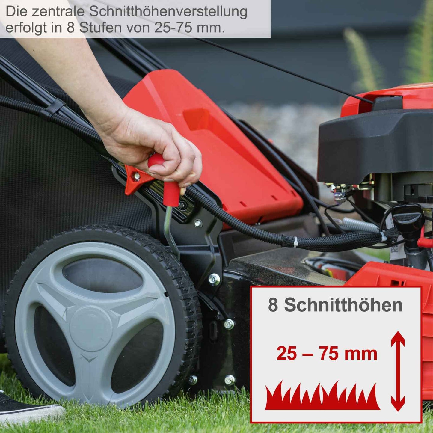 Scheppach MS150-46E Benzin-Rasenmäher – E-Start, 46 cm Schnittbreite, Radantrieb, Mulch- & Seitenauswurf, 55 L Fangkorb, 7-fach Höhenverstellung