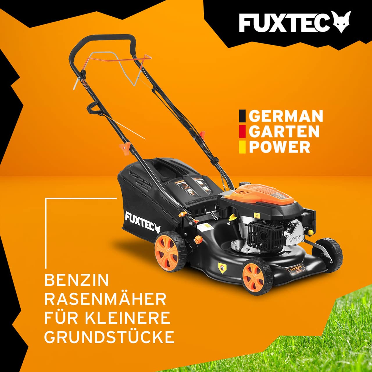 FUXTEC FX-RM4346 Benzin-Rasenmäher – 3in1, 42 cm Schnittbreite, 4-Takt, Hinterradantrieb, Big Wheel, Heckauswurf, 40 L Fangkorb