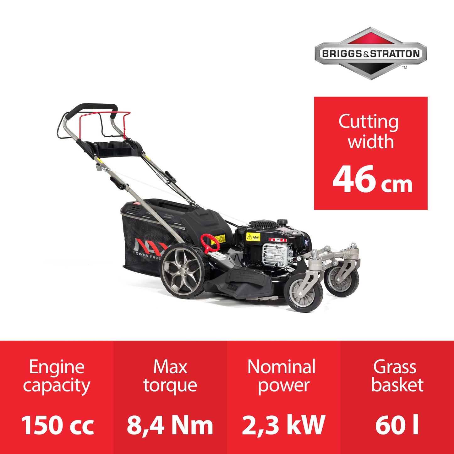 NAX 2000S Benzin-Rasenmäher – 46 cm Schnittbreite, mit Antrieb, B&S 625EXi Motor 150 cm³, ReadyStart, 60 L Fangkorb, Gehäusereinigungssystem