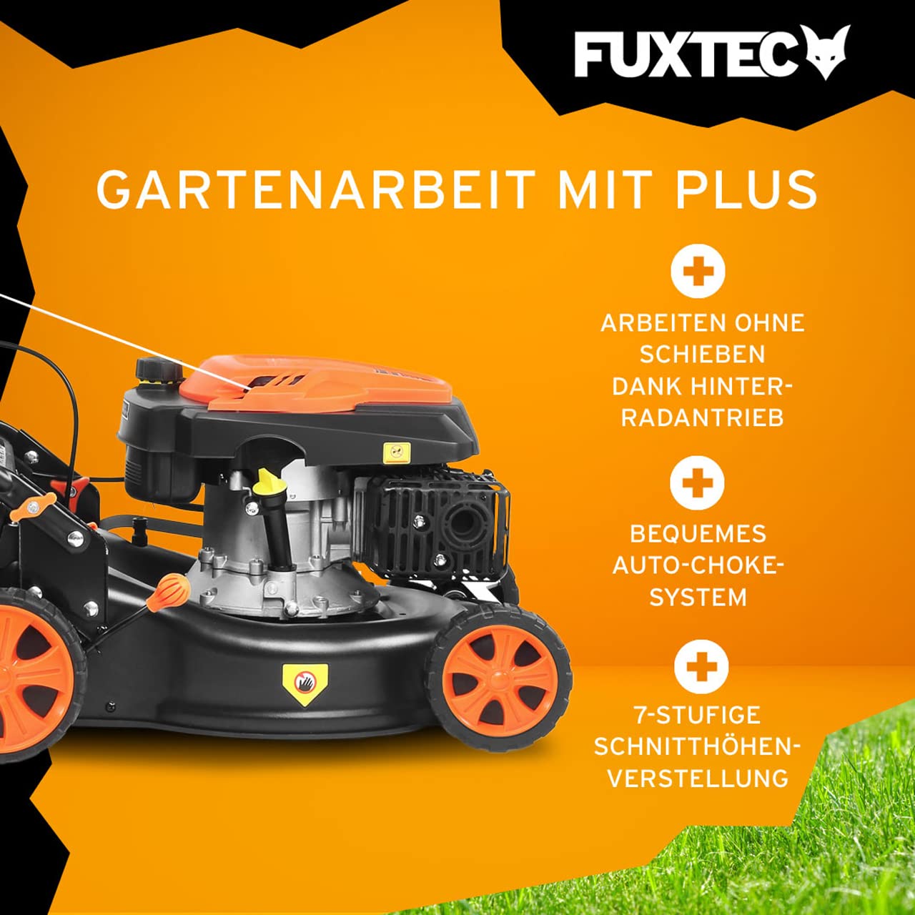FUXTEC FX-RM4346 Benzin-Rasenmäher – 3in1, 42 cm Schnittbreite, 4-Takt, Hinterradantrieb, Big Wheel, Heckauswurf, 40 L Fangkorb