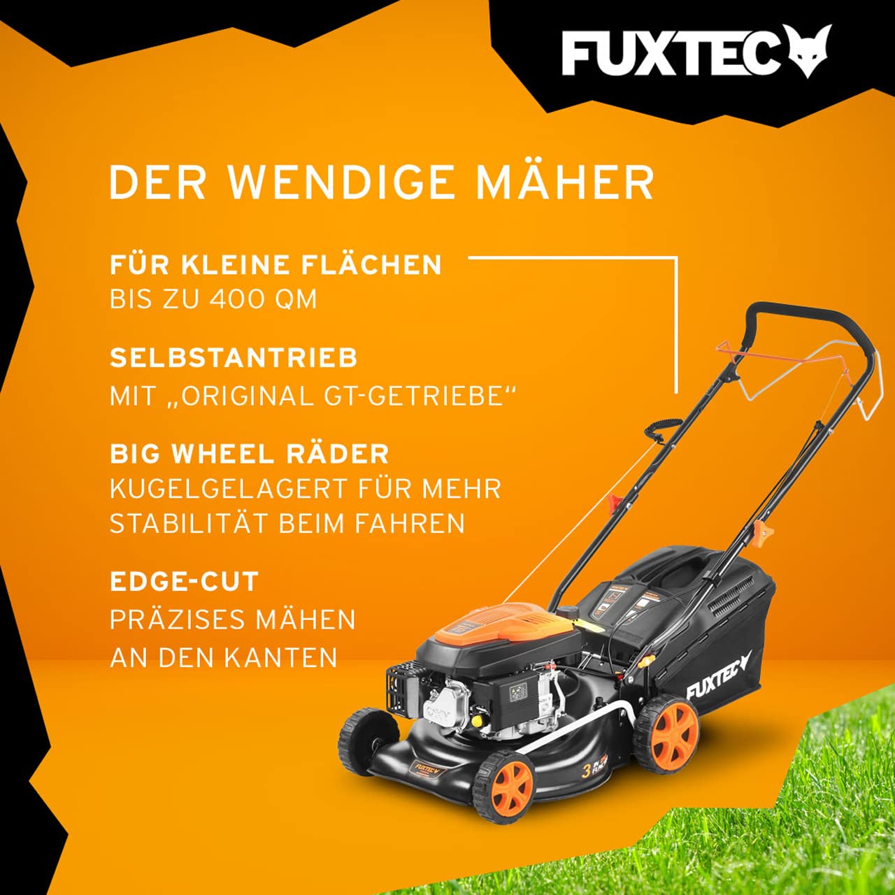 FUXTEC FX-RM4346 Benzin-Rasenmäher – 3in1, 42 cm Schnittbreite, 4-Takt, Hinterradantrieb, Big Wheel, Heckauswurf, 40 L Fangkorb