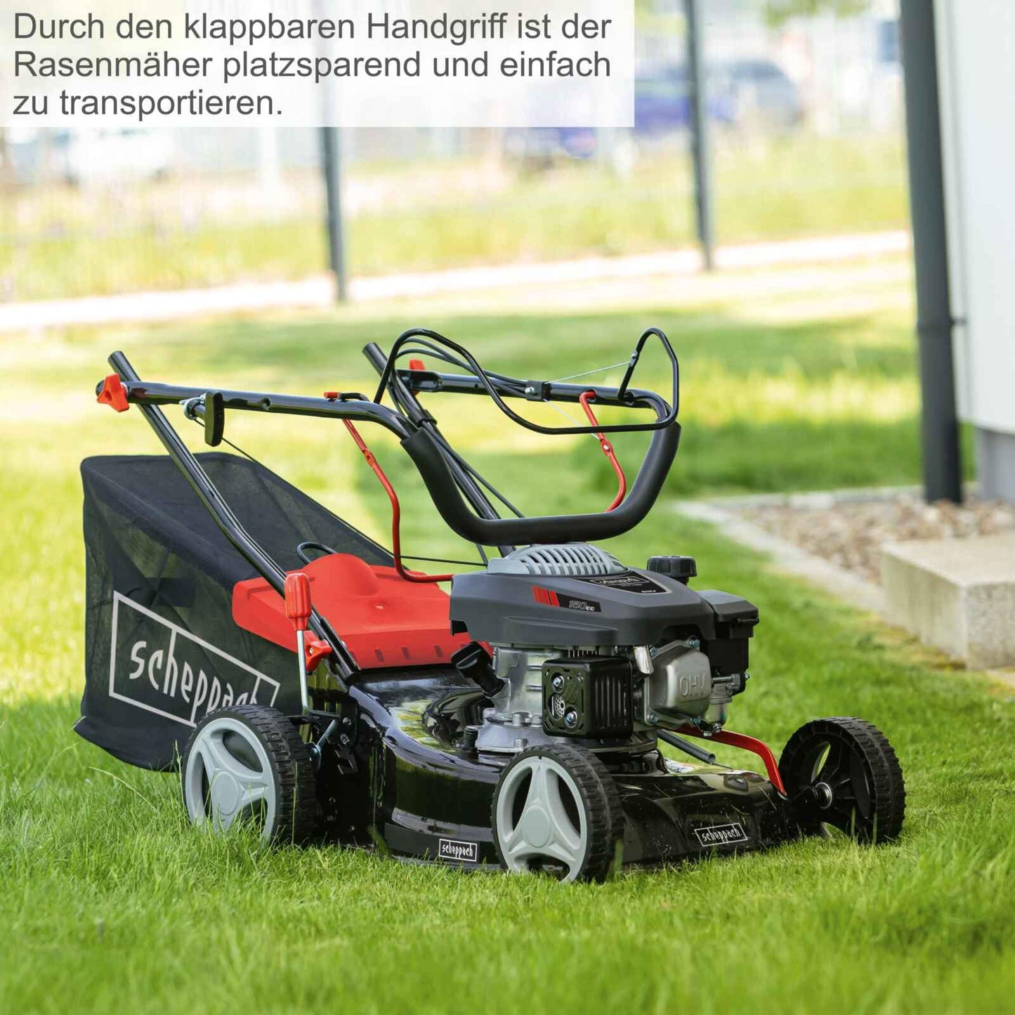 Scheppach MS150-42 Benzin-Rasenmäher – 3,5 PS, 42 cm Schnittbreite, Radantrieb, Mulchfunktion, 45 L Fangkorb, 7-fach höhenverstellbar, inkl. Motoröl