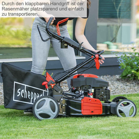 Scheppach MS225-53E Benzin-Rasenmäher – 6 PS, E-Start, 53 cm Schnittbreite, Radantrieb, Mulchfunktion, 65 L Fangkorb, inkl. Motoröl, Reinigungsfunktion
