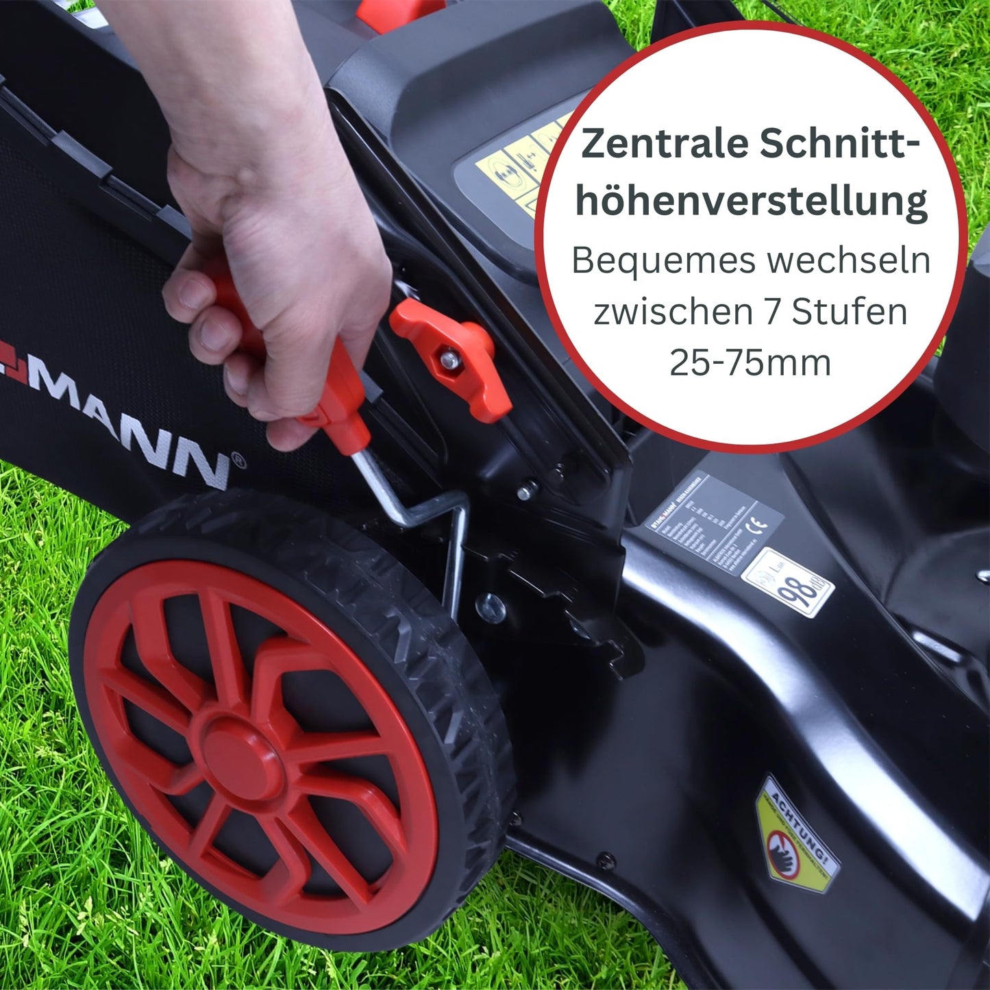 STAHLMANN BR460 Benzin-Rasenmäher – 5,4 PS, 170 ccm, 46 cm Schnittbreite, Antrieb, Mulchfunktion, 60 L Fangkorb, Höhenverstellung, Easy Clean