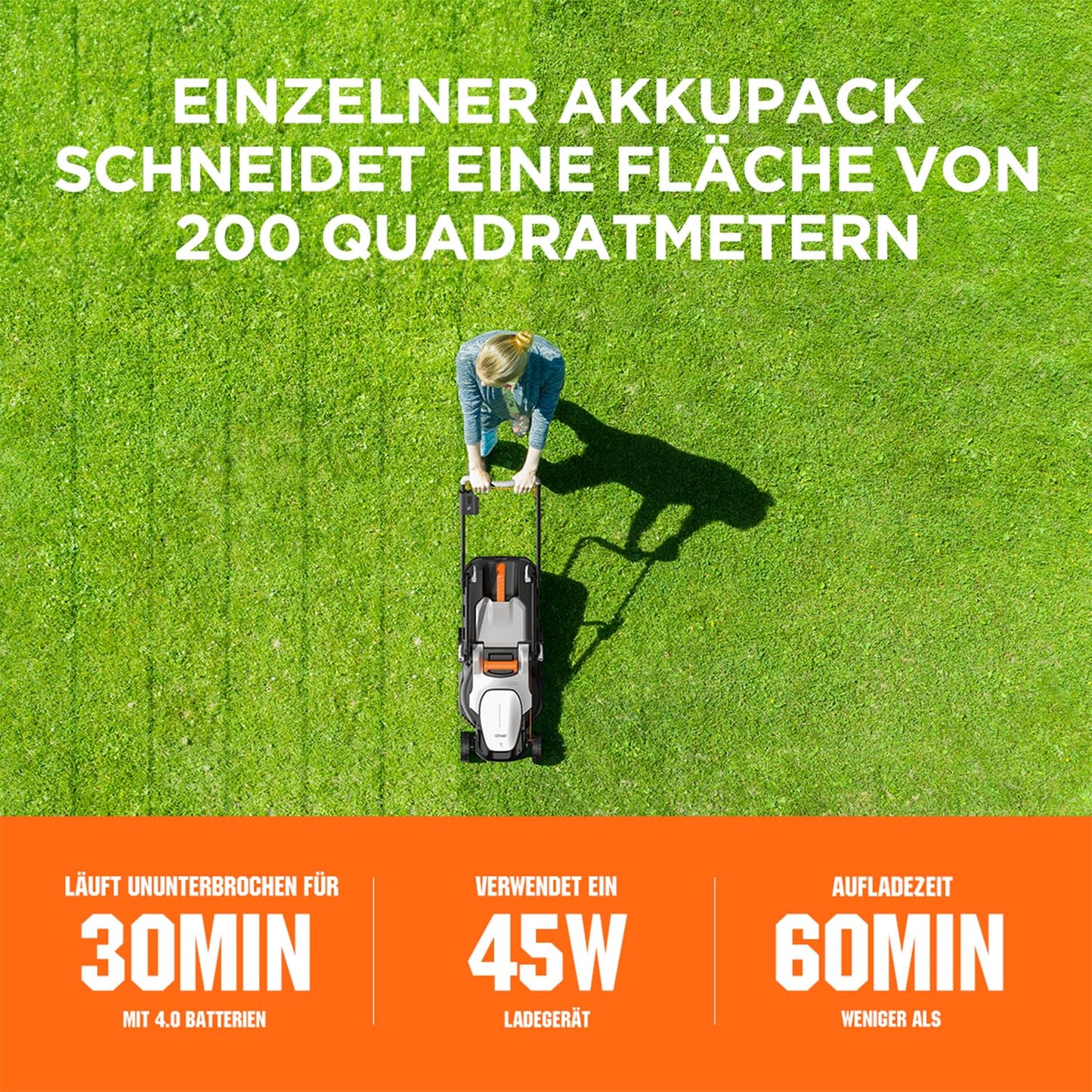 Litheli Akku Rasenmäher, 20V/33cm Schnittbreite, bis 200 m², 30L Fangkorb, 25-65 mm Schnitthöhe, inkl. 4,0 Ah Akku