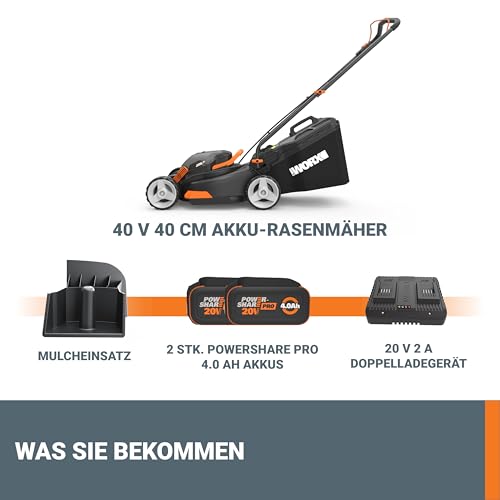WORX Nitro WG734E Akku-Rasenmäher 40 V – 40 cm Schnittbreite, inkl. 2×4,0 Ah PowerShare PRO Akkus & Dual-Ladegerät, Profi-Elektro-Rasenmäher