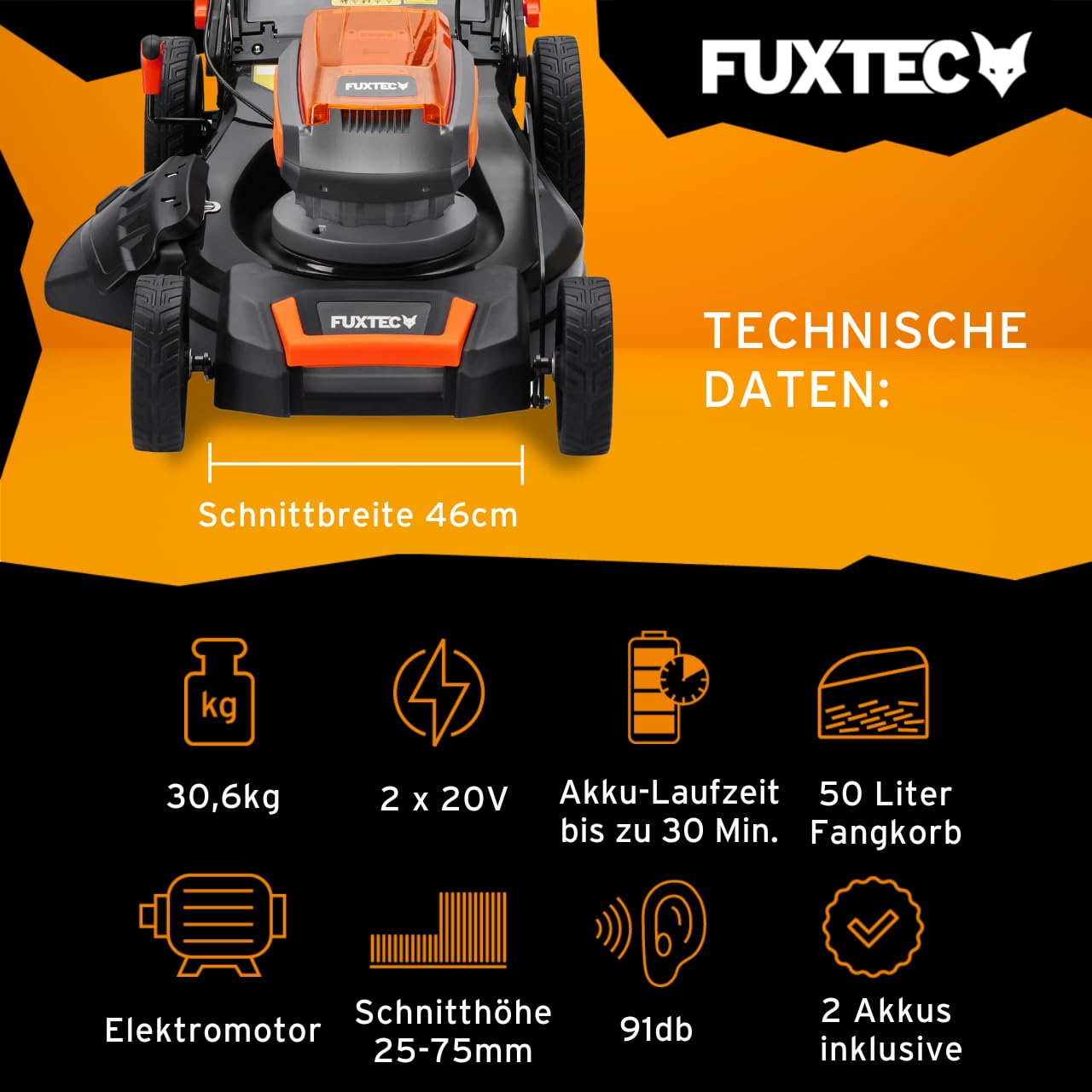 FUXTEC FX-E2RM46 Akku-Rasenmäher 40 V – 4in1, 46 cm Schnittbreite, 2×20 V 4Ah Akku & Doppelladegerät, Mulchfunktion, Seitenauswurf, 50 L Fangkorb