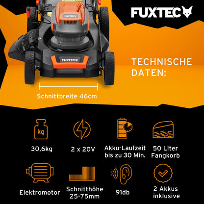 FUXTEC FX-E2RM46 Akku-Rasenmäher 40 V – 4in1, 46 cm Schnittbreite, 2×20 V 4Ah Akku & Doppelladegerät, Mulchfunktion, Seitenauswurf, 50 L Fangkorb