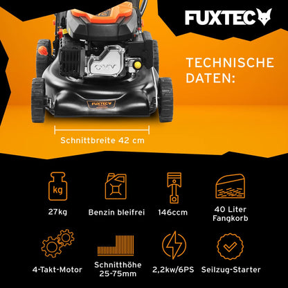 FUXTEC FX-RM4346 Benzin-Rasenmäher – 3in1, 42 cm Schnittbreite, 4-Takt, Hinterradantrieb, Big Wheel, Heckauswurf, 40 L Fangkorb