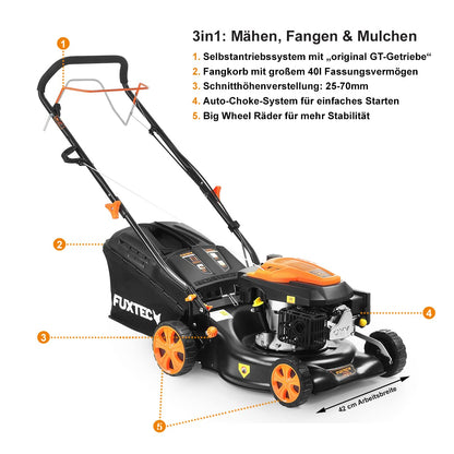 FUXTEC FX-RM4346 Benzin-Rasenmäher – 3in1, 42 cm Schnittbreite, 4-Takt, Hinterradantrieb, Big Wheel, Heckauswurf, 40 L Fangkorb
