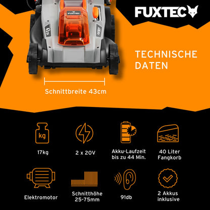 Fuxtec Akku Rasenmäher 40V (2x20V) E2RM43- Schnittbreite 43cm, Variable Schnitthöhe, Elektrorasenmäher, Kabellos (Li-Ion Akku & Ladegerät inklusive)