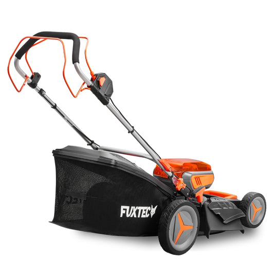 FUXTEC FX-E2RM46 Akku-Rasenmäher 40 V – 4in1, 46 cm Schnittbreite, 2×20 V 4Ah Akku & Doppelladegerät, Mulchfunktion, Seitenauswurf, 50 L Fangkorb