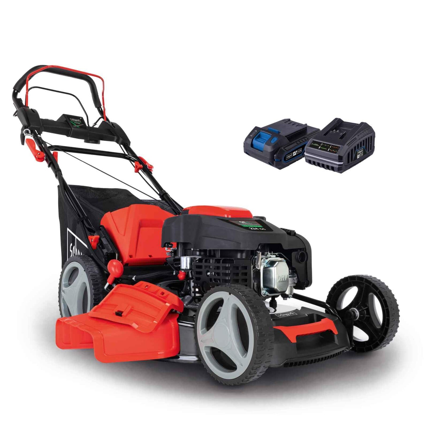 Scheppach MS225-53E Benzin-Rasenmäher – 6 PS, E-Start, 53 cm Schnittbreite, Radantrieb, 65 L Korb, Mulchfunktion, Seitenauswurf, Höhenverstellung