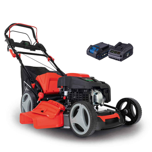 Scheppach MS225-53E Benzin-Rasenmäher – 6 PS, E-Start, 53 cm Schnittbreite, Radantrieb, 65 L Korb, Mulchfunktion, Seitenauswurf, Höhenverstellung