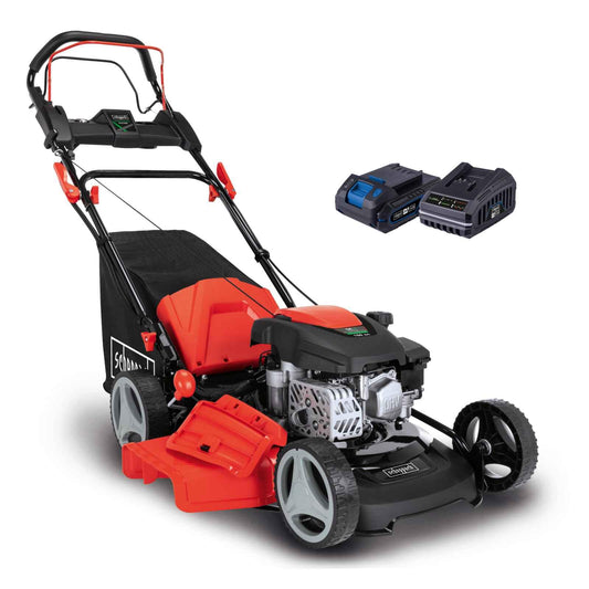 Scheppach MS150-46E Benzin-Rasenmäher – E-Start, 46 cm Schnittbreite, Radantrieb, Mulch- & Seitenauswurf, 55 L Fangkorb, 7-fach Höhenverstellung