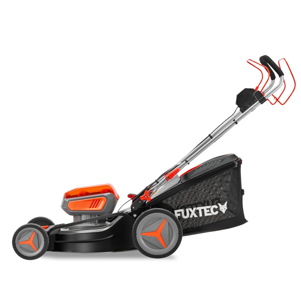 FUXTEC FX-E2RM46 Akku-Rasenmäher 40 V – 4in1, 46 cm Schnittbreite, 2×20 V 4Ah Akku & Doppelladegerät, Mulchfunktion, Seitenauswurf, 50 L Fangkorb