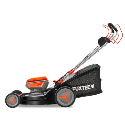 FUXTEC FX-E2RM46 Akku-Rasenmäher 40 V – 4in1, 46 cm Schnittbreite, 2×20 V 4Ah Akku & Doppelladegerät, Mulchfunktion, Seitenauswurf, 50 L Fangkorb