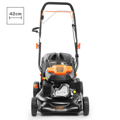 FUXTEC FX-RM4346 Benzin-Rasenmäher – 3in1, 42 cm Schnittbreite, 4-Takt, Hinterradantrieb, Big Wheel, Heckauswurf, 40 L Fangkorb