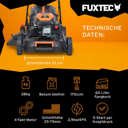 FUXTEC FX-RM5170eS Benzin-Rasenmäher – 4in1, E-Start, 51 cm Schnittbreite, 4-Takt, Hinterradantrieb, Seitenauswurf, Big Wheel, 60 L Fangkorb