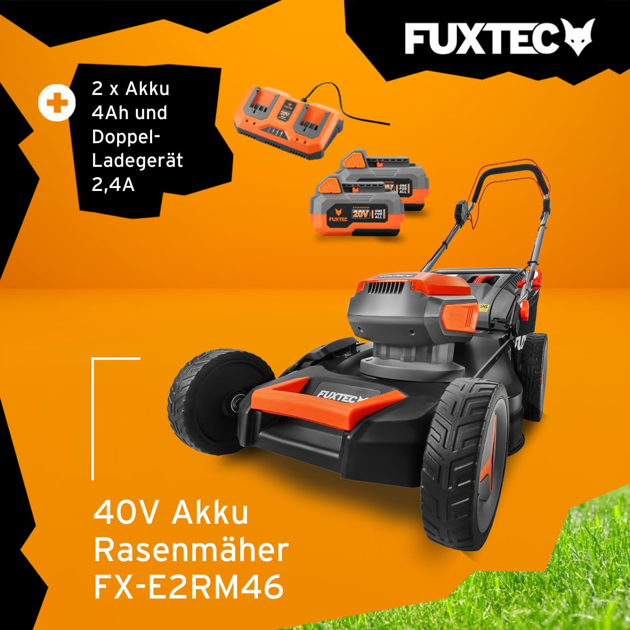 FUXTEC FX-E2RM46 Akku-Rasenmäher 40 V – 4in1, 46 cm Schnittbreite, 2×20 V 4Ah Akku & Doppelladegerät, Mulchfunktion, Seitenauswurf, 50 L Fangkorb