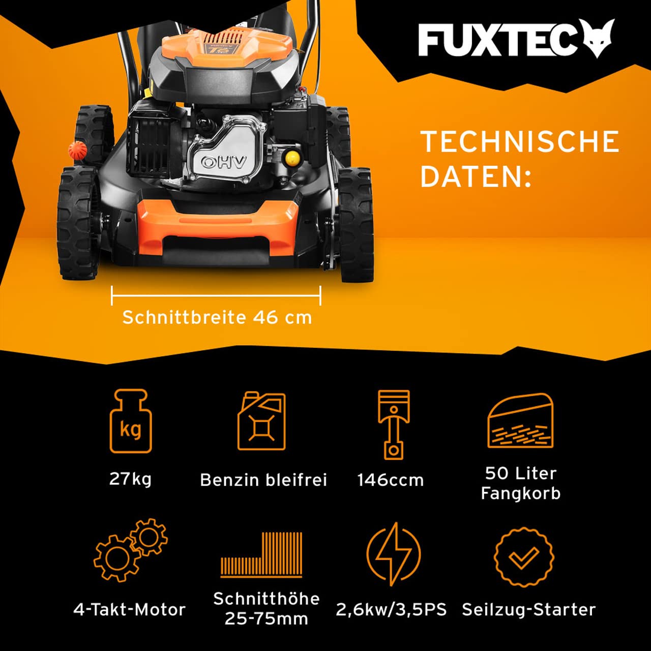 FUXTEC FX-RM4646ECO Benzin-Rasenmäher – 3in1, 46 cm Schnittbreite, 3,5 PS, 4-Takt, 7-fach Höhenverstellung, 50 L Fangkorb, Mulch & Reinigungsanschluss