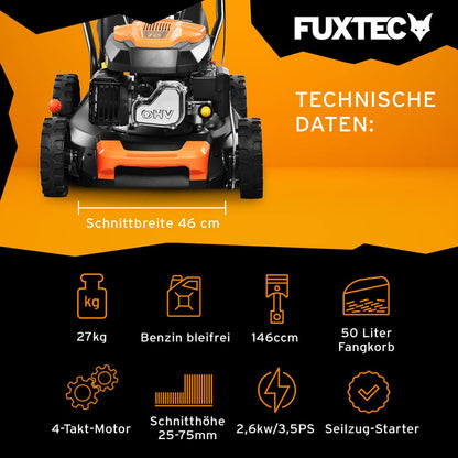 FUXTEC FX-RM4646ECO Benzin-Rasenmäher – 3in1, 46 cm Schnittbreite, 3,5 PS, 4-Takt, 7-fach Höhenverstellung, 50 L Fangkorb, Mulch & Reinigungsanschluss