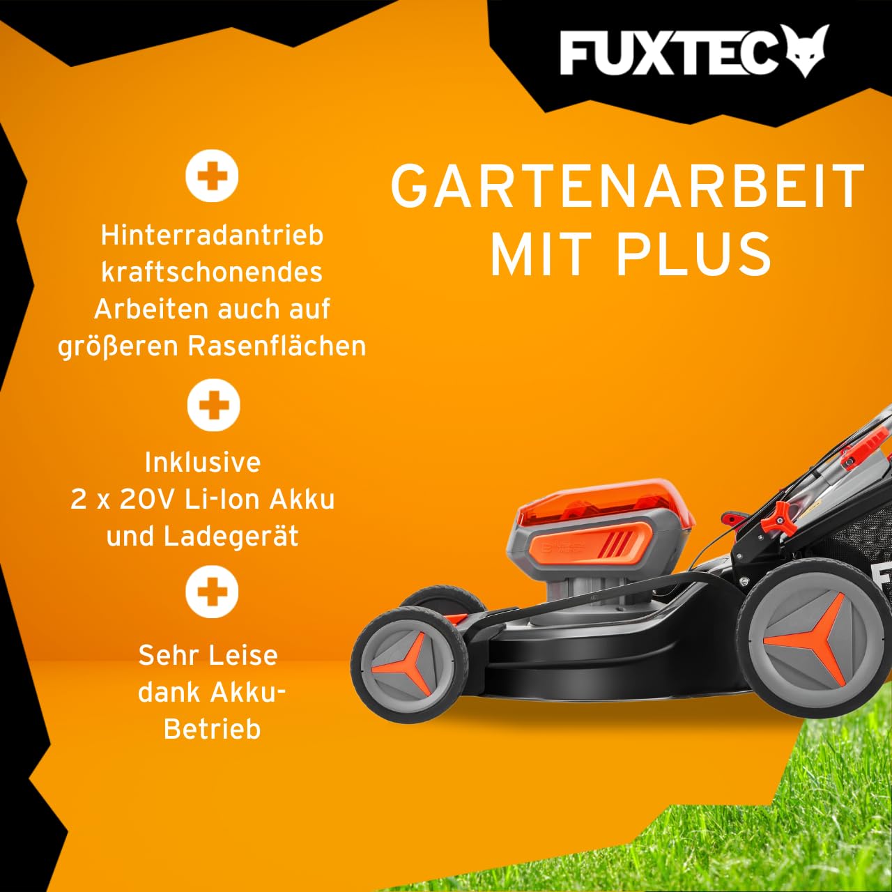 FUXTEC FX-E2RM46 Akku-Rasenmäher 40 V – 4in1, 46 cm Schnittbreite, 2×20 V 4Ah Akku & Doppelladegerät, Mulchfunktion, Seitenauswurf, 50 L Fangkorb