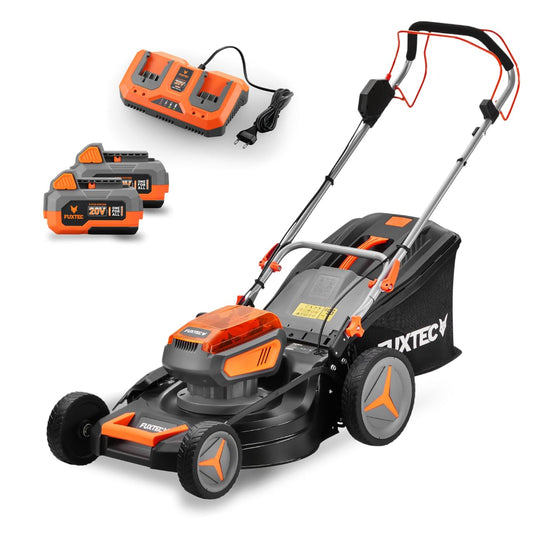 FUXTEC FX-E2RM46 Akku-Rasenmäher 40 V – 4in1, 46 cm Schnittbreite, 2×20 V 4Ah Akku & Doppelladegerät, Mulchfunktion, Seitenauswurf, 50 L Fangkorb