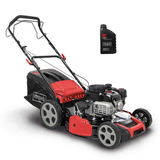 Scheppach MS180-51 Benzin-Rasenmäher – 5,4 PS, 51 cm Schnittbreite, Radantrieb, Mulchfunktion, Seitenauswurf, 65 L Korb, 8-fach höhenverstellbar, inkl. Motoröl