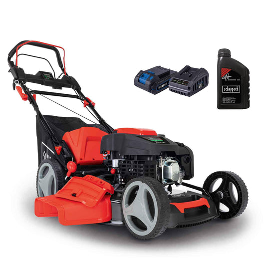 Scheppach MS225-53E Benzin-Rasenmäher – 6 PS, E-Start, 53 cm Schnittbreite, Radantrieb, Mulchfunktion, 65 L Fangkorb, inkl. Motoröl, Reinigungsfunktion