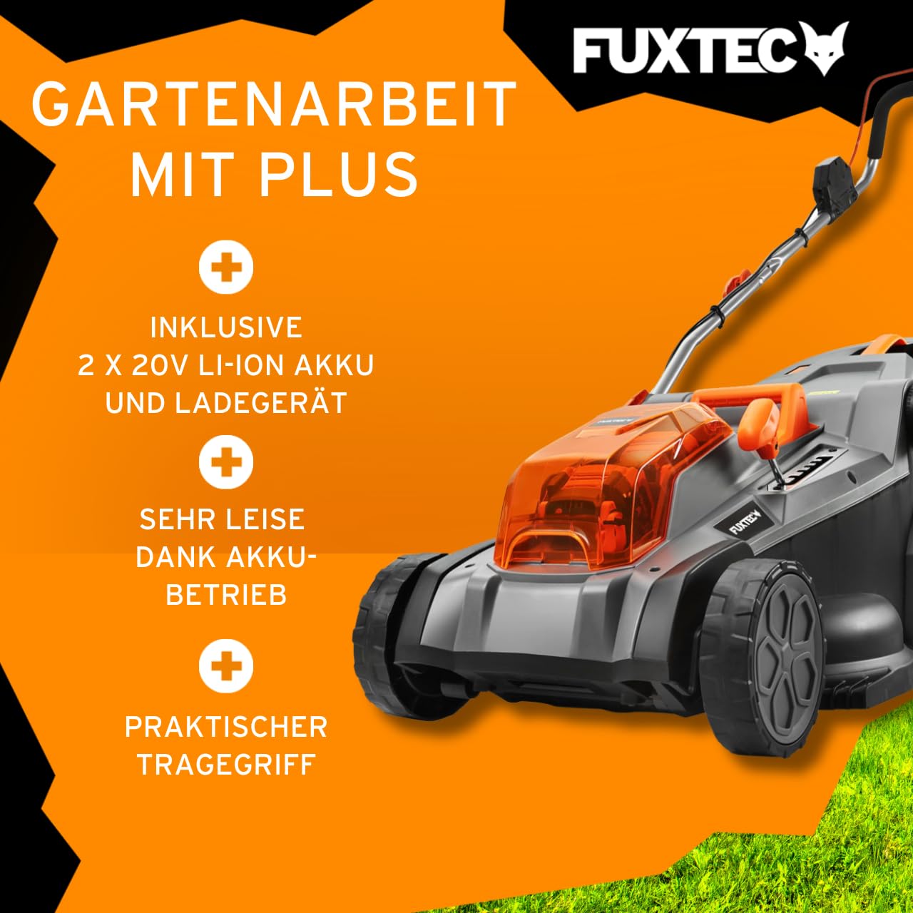 Fuxtec Akku Rasenmäher 40V (2x20V) E2RM43- Schnittbreite 43cm, Variable Schnitthöhe, Elektrorasenmäher, Kabellos (Li-Ion Akku & Ladegerät inklusive)