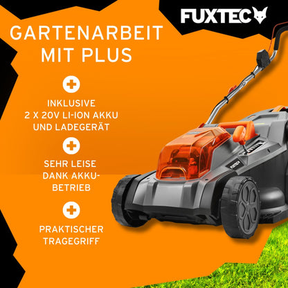 Fuxtec Akku Rasenmäher 40V (2x20V) E2RM43- Schnittbreite 43cm, Variable Schnitthöhe, Elektrorasenmäher, Kabellos (Li-Ion Akku & Ladegerät inklusive)