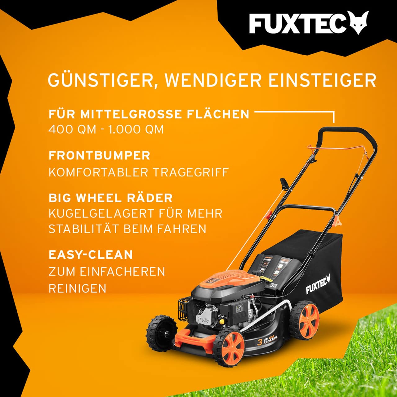 FUXTEC FX-RM4646ECO Benzin-Rasenmäher – 3in1, 46 cm Schnittbreite, 3,5 PS, 4-Takt, 7-fach Höhenverstellung, 50 L Fangkorb, Mulch & Reinigungsanschluss
