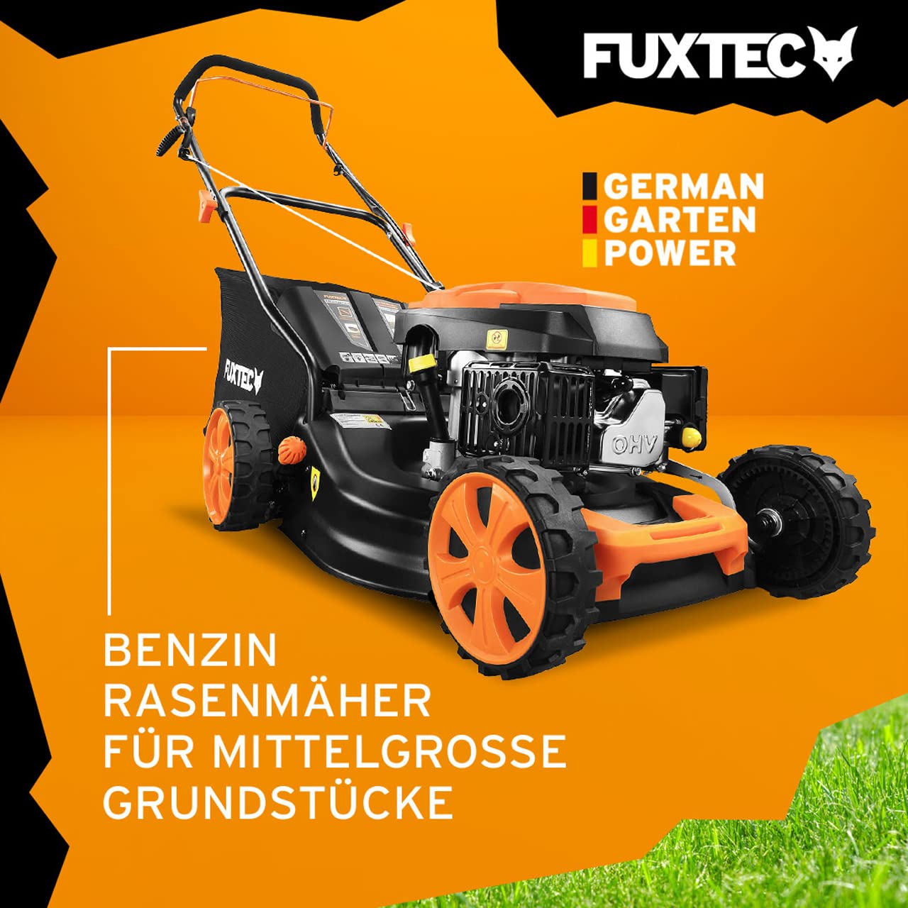 FUXTEC FX-RM4646ECO Benzin-Rasenmäher – 3in1, 46 cm Schnittbreite, 3,5 PS, 4-Takt, 7-fach Höhenverstellung, 50 L Fangkorb, Mulch & Reinigungsanschluss