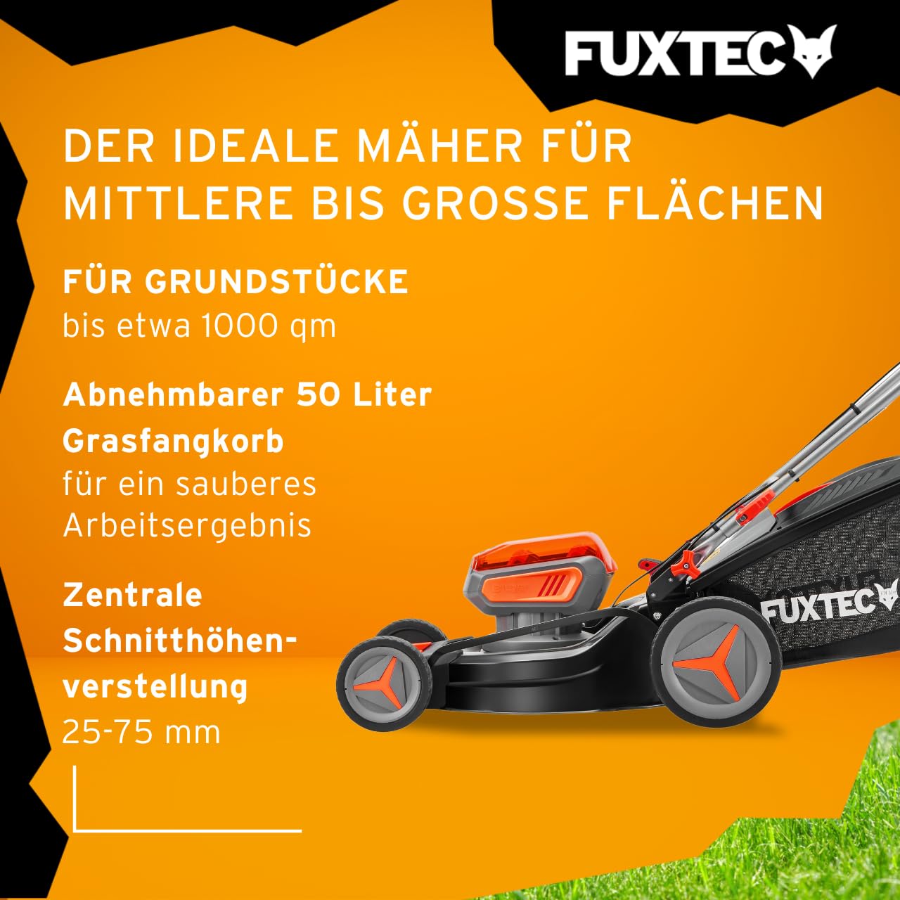 FUXTEC FX-E2RM46 Akku-Rasenmäher 40 V – 4in1, 46 cm Schnittbreite, 2×20 V 4Ah Akku & Doppelladegerät, Mulchfunktion, Seitenauswurf, 50 L Fangkorb